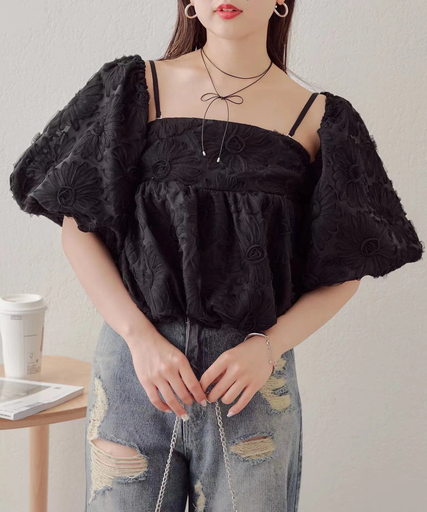 Japanese Elegant Commuter Mesh 3D Cut Flower Square Collar Off-shoulder Puff Sleeve Suspender Tops Short Blouse Shirt For Women