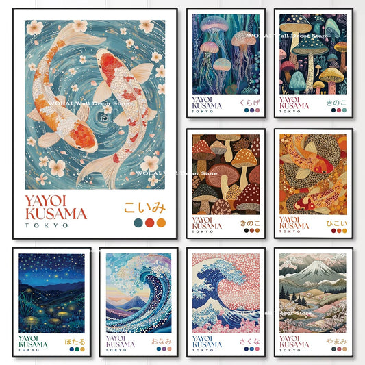 Yayoi Kusama Koi &amp; Jellyfish Canvas Poster &mdash; Japanese Hokusai Giant Wave Wall Art — view 1 of wall art & prints