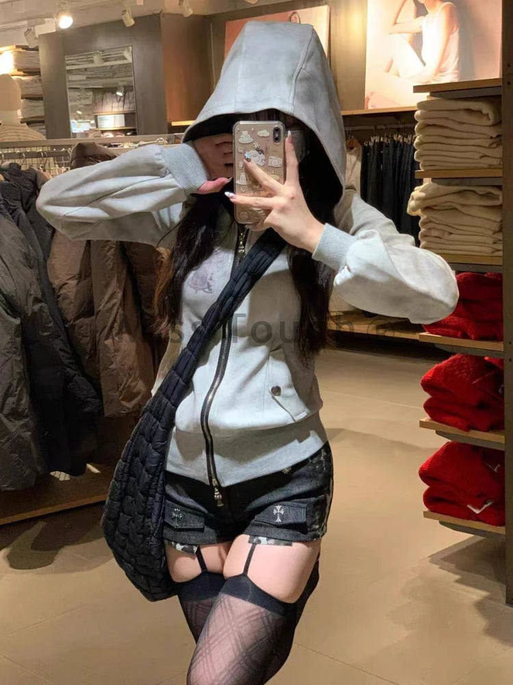 Women’s Y2K Slim Zipper Hoodie – High Street Chic Long Sleeve Hooded Jacket for Autumn & Winter