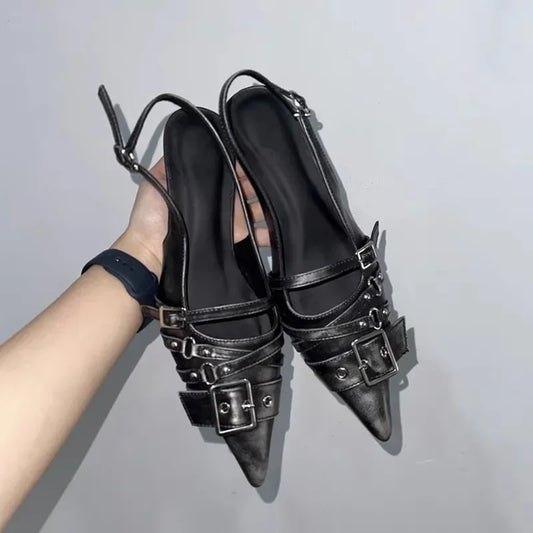 Heels & Pumps — Belt-Buckle Half-Drag Mule Pumps, Pointed-Toe Y2K Slip-On Heels — view 1 of heels & pumps