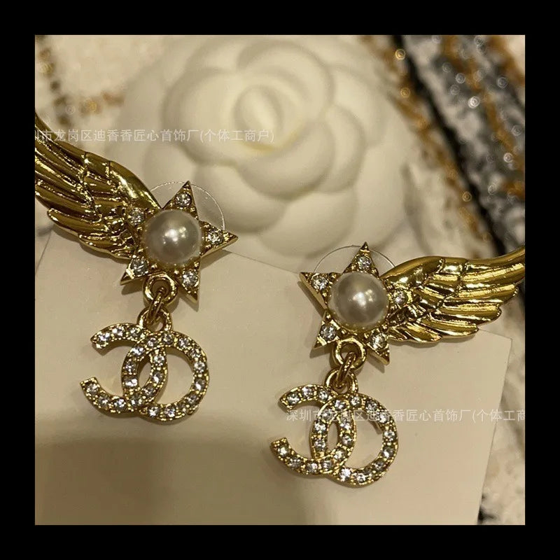 Pearl Tassel Wings Stud Earrings — Classic Rhinestone Light-Luxury Diamond Style — view 3 of earrings