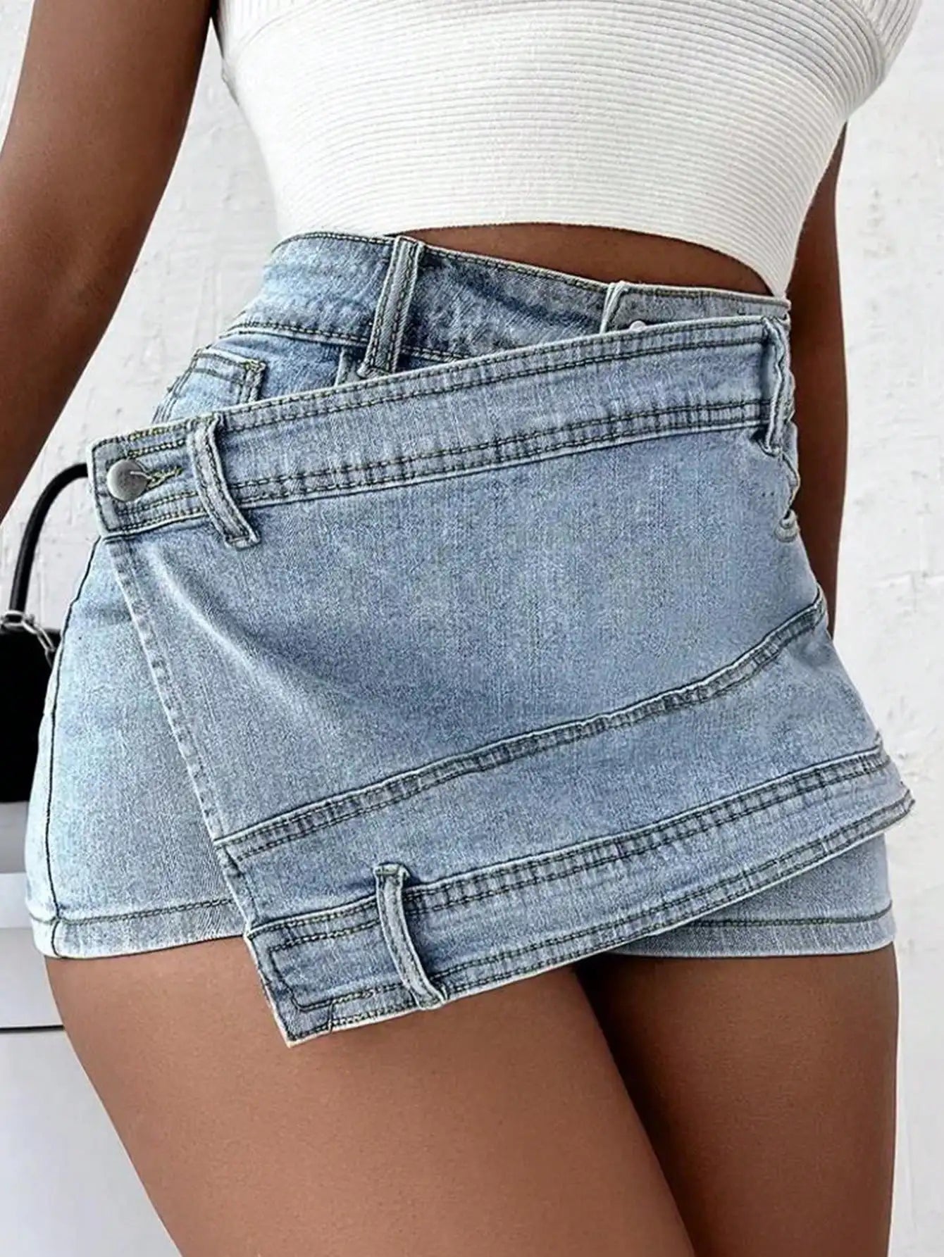 Women Fashion Denim Mini Skort Street Wrap Stretch Irregular A-Line Skinny Cargo Jean Shorts