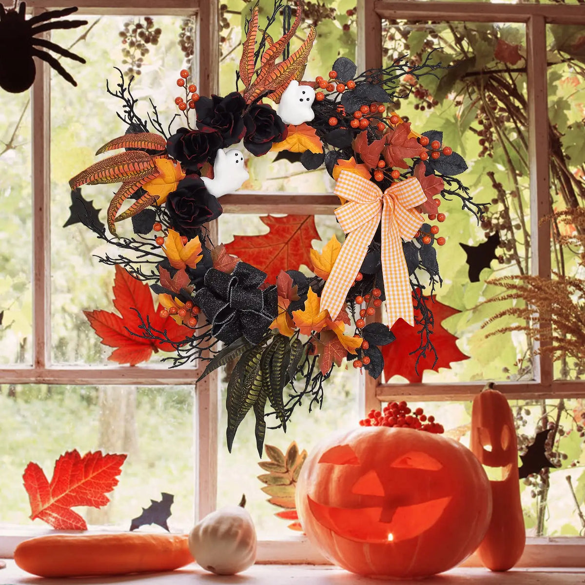 26-Inch Halloween Ghost Wreath for Front Door with Black Roses — product photo 6