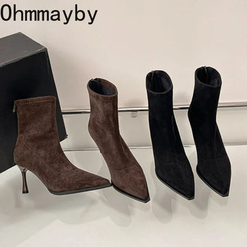 Heels & Pumps — Pointed-Toe Stretch Ankle Boots, Slim Booties Heeled Autumn Winter — view 1 of heels & pumps