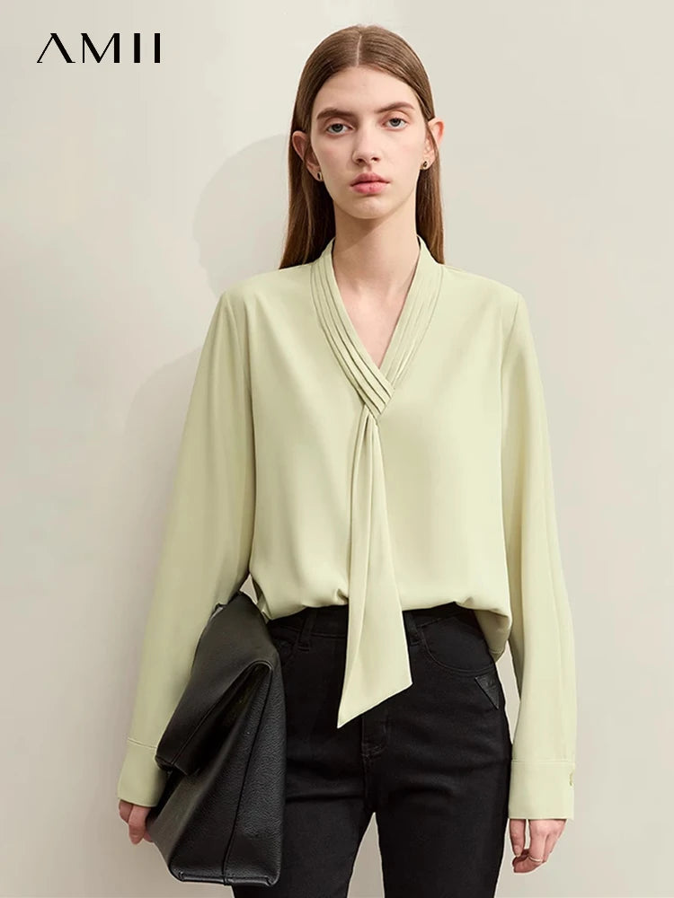 AMII Minimalism Chiffon Shirt for Women 2024 Spring New Commuter Pleated V-neck Flutter Belt Straight Solid Lady Blouse 12421061