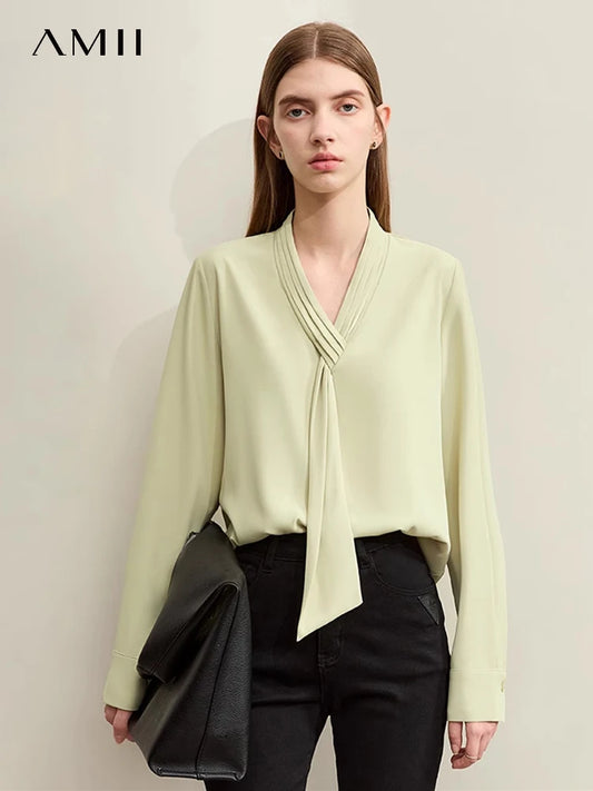 AMII Minimalism Women’s Loose Silk V-Neck Blouse – Drop Sleeve Casual Chiffon Top for Summer 2025