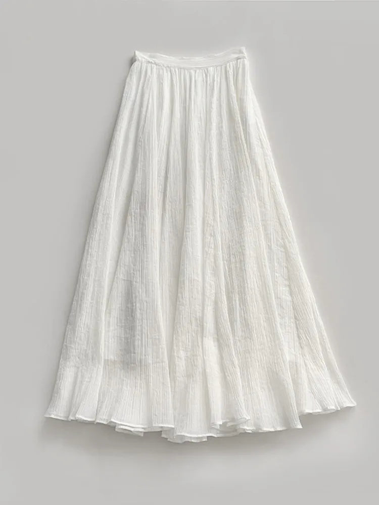 Women's High Waisted Lightweight Mid-Calf Skirt 2024 Summer Female Pleated White or Black A-Line Jupe