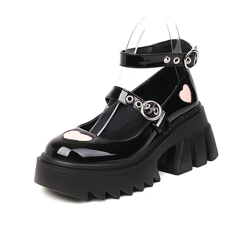 Princess Lolita Platform Mary Jane Girls Party Shoes Ankle Strap Sweet Metal Buckle Thick Sole Wedge Black Women Heel Pumps