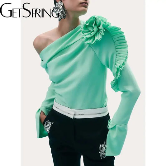 GetSpring Women Blouse 2024 Autumn Sexy Off Shoulder Skew Collar Three Dimensional Decorative Ladies Shirt Fashion All Match Top