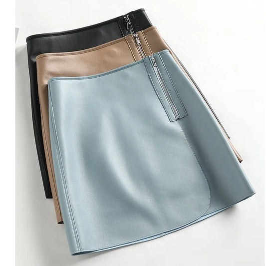 Women Fashion 2022 Harajuku Sheepskin Leather Skirt Femme A-line Sexy Mini Blue Zipper Decorate