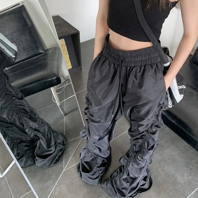 Y2K Black Parachute Pants Women Hippie Oversized Wide Leg Cargo Trousers