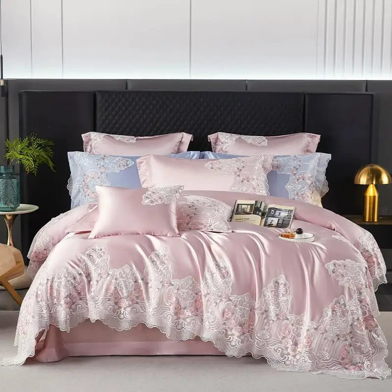 Luxury Hotel Wedding Bedding Set – 600TC Long-Staple Cotton Embroidered Pink Princess Duvet Cover