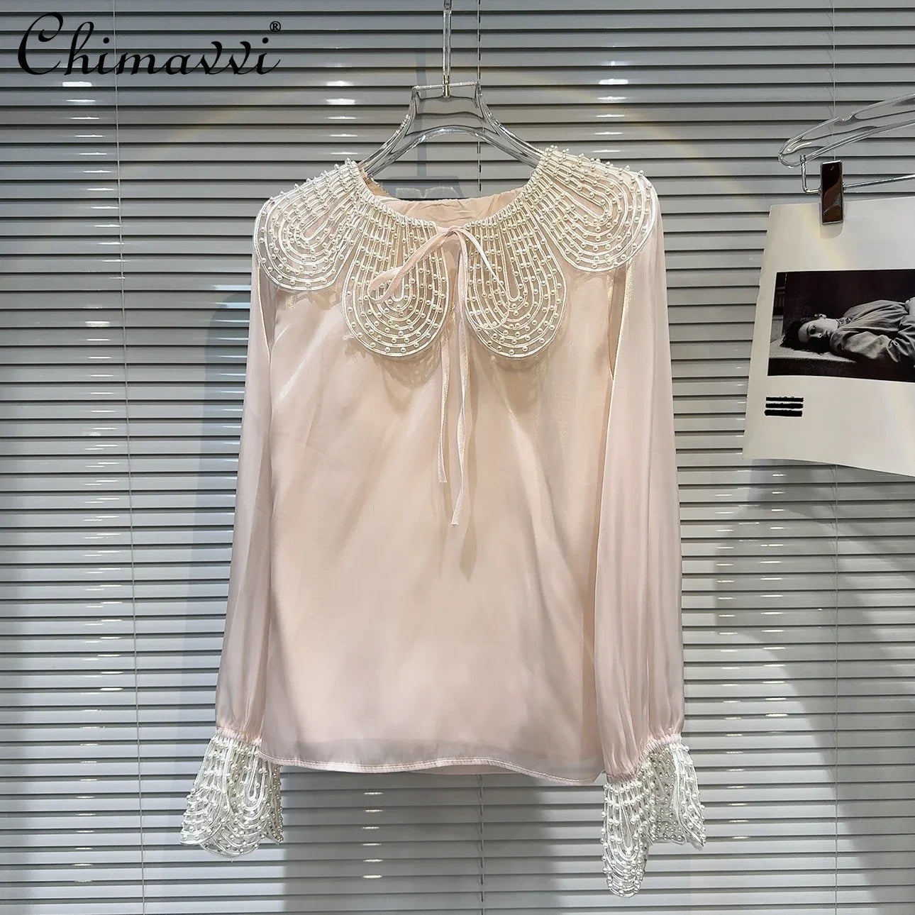 2025 Women’s Elegant Chiffon Blouse – Pearl Lotus Leaf Neck Long Sleeve Shirt