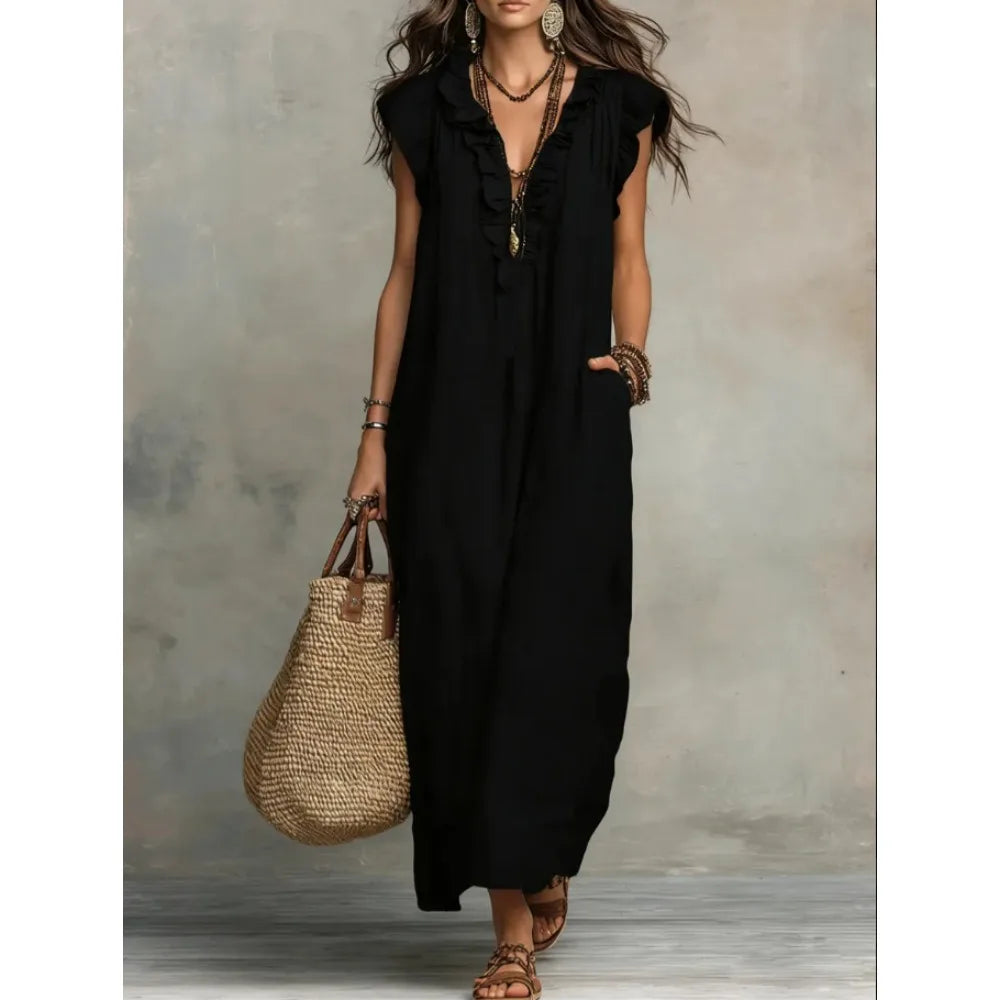 Women's Boho Linen-Blend Ruffle Maxi Dress, V-Neck & Pockets — view 12 of dresses