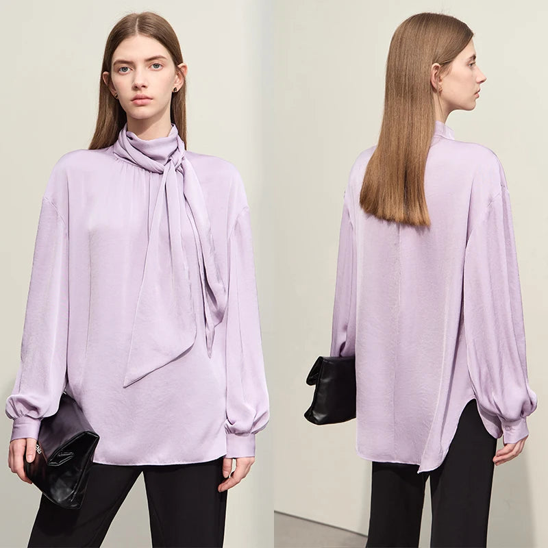 AMII Minimalism 2024 Spring Women Blouse New Light Luxury Stand Collar Lantern Sleeve Loose Chiffon Shirts Fashion Lady 12441094