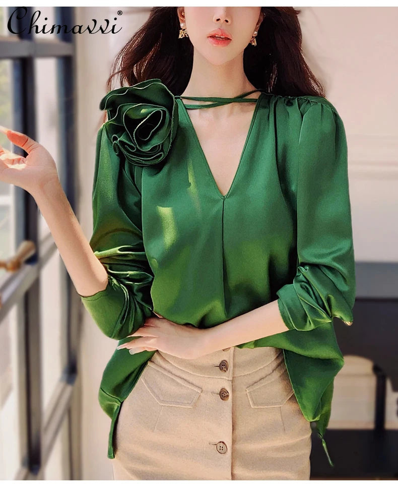 New Fashion Three-dimensional Flower Green Shirt Top Spring and Autumn Commuting Long-sleeved Loose Elegant Blouse Women Blusas