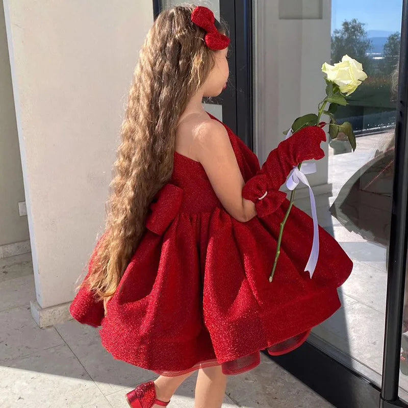 Luxurious Chinese New Year's Party Gown for Girls Banquet Dress for Young Girl Children Red Sequin One Shoulder Dresses for Gala