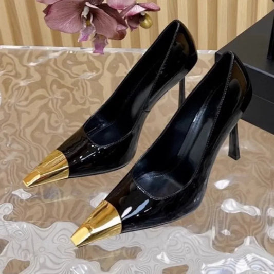 Heels & Pumps — Metallic Pointed-Toe Stiletto Heels, Spring Leather Non-Slip Shallow Pumps — view 1 of heels & pumps