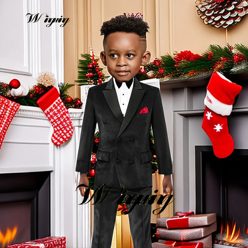 Boys Suit Velvet Jacket Pants 2 Piece Set Double Breasted Blazer Kids Wedding Tuxedo Gun Lapel Custom Clothes