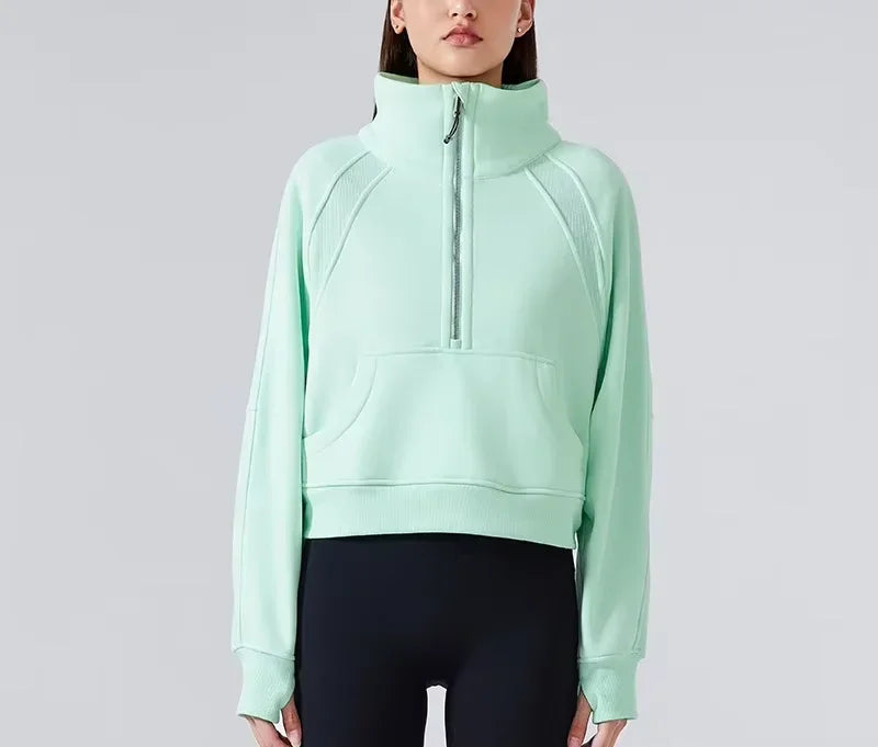 Thicken Women High-neck Half-zip Sports Jackets Outdoor Cycling Windproof Hoodie Gym Training And Exercise Yoga Sportswear