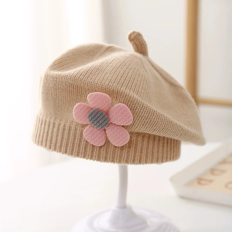 Flower Baby Beret Hat - Knitted Painter Cap for Infant Girls, Cute Toddler Princess Beret