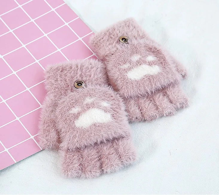 Thicken Women Warm Cat Gloves Fashion Girls Cat Claw Paw Plush Mittens Soft Plush Short Fingerless Half Finger Winter Gloves