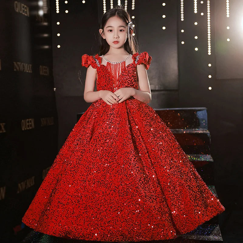 Wine Red Sequin Flower Girl Pageant Mermaid Dresses Long Puffy Prom Formal Birthday Party Dress Luxury Evening Shining Ball Gown