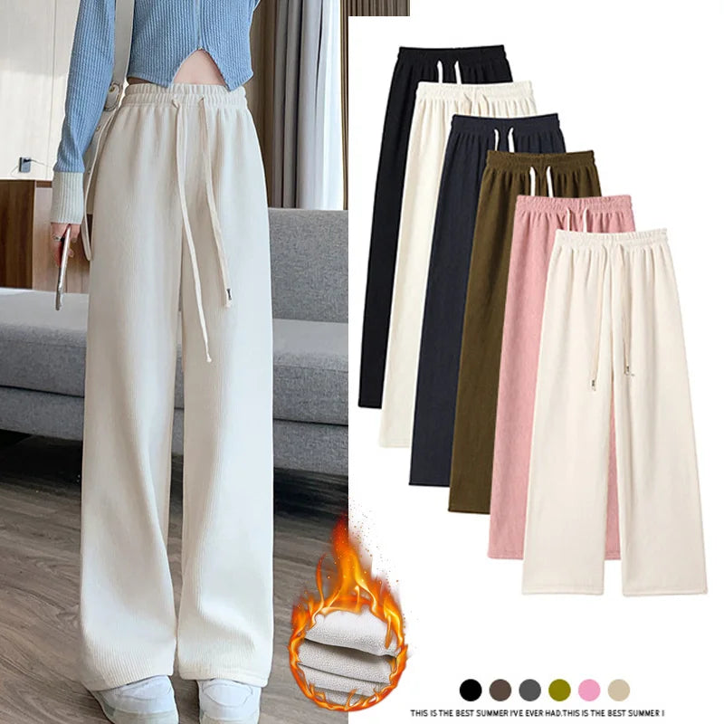 2024 Casual Women Long Thick Pants Autumn Winter High Waist Wide