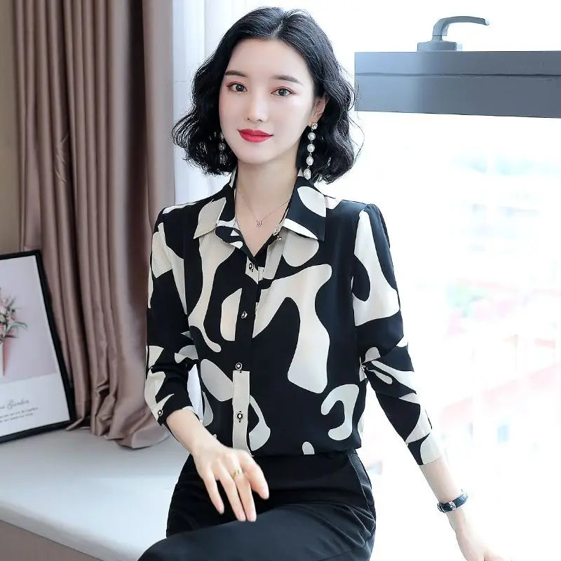 Office Lady Printing Button Blouse Spring Autumn New Long Sleeve Polo Neck Loose Casual Shirt Tops Vintage Fashion Women Clothes