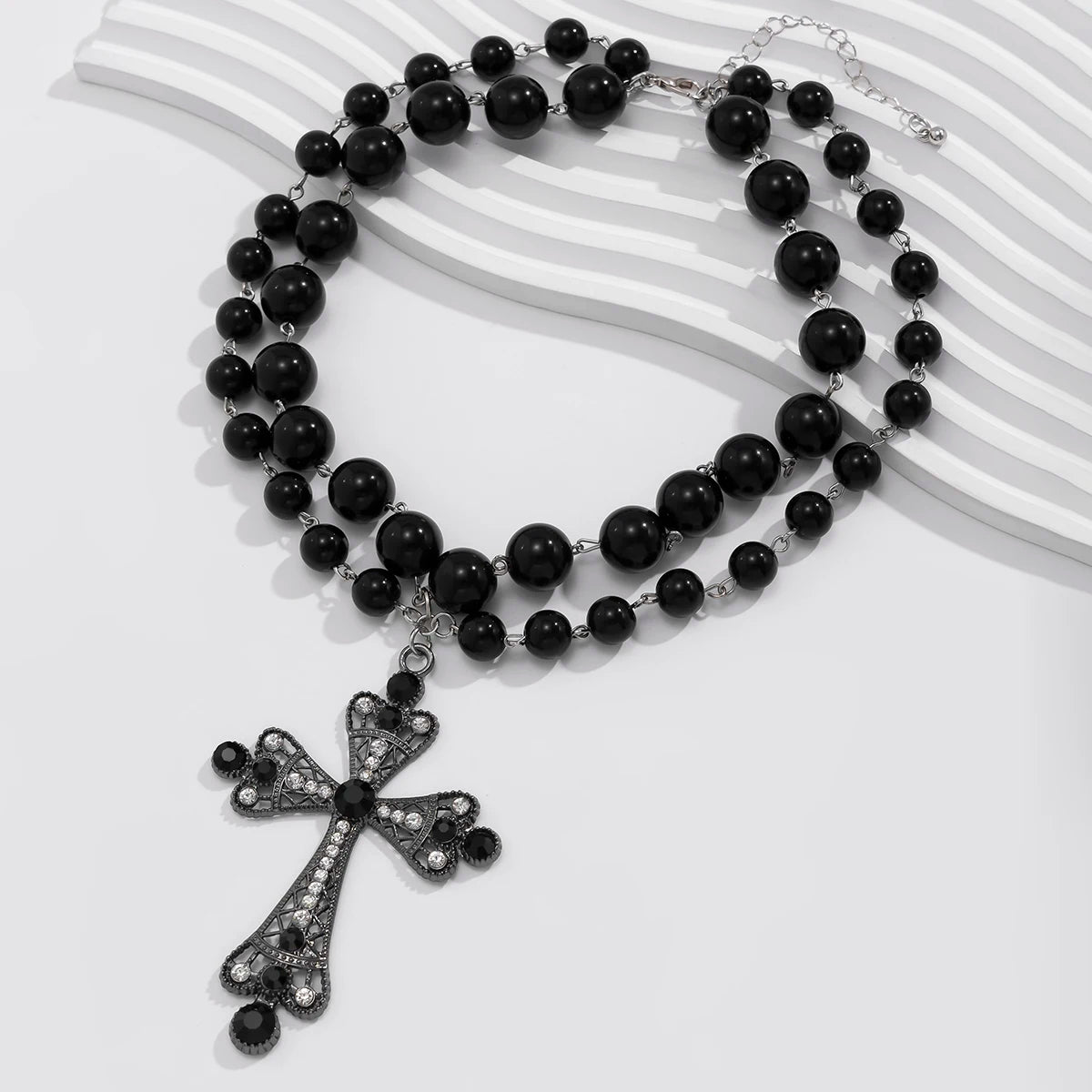 Pearl & Goth Cross Pendant Choker Necklace — Imitation Pearl Y2K Statement — view 3 of necklaces