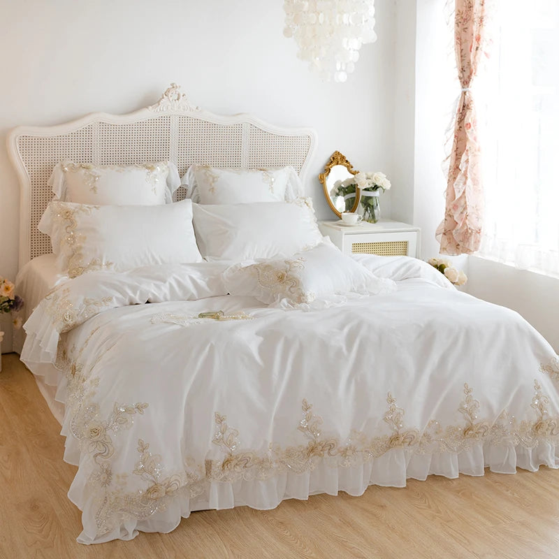 White Lace Embroidery Bedding Set – Korean Princess Wedding Bedclothes, Cotton Duvet Cover & Bed Sheet