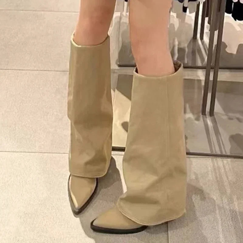 Knee-High Heeled Boots — Leather-Look Chunky Pointed-Toe Long Boots — view 6 of boots