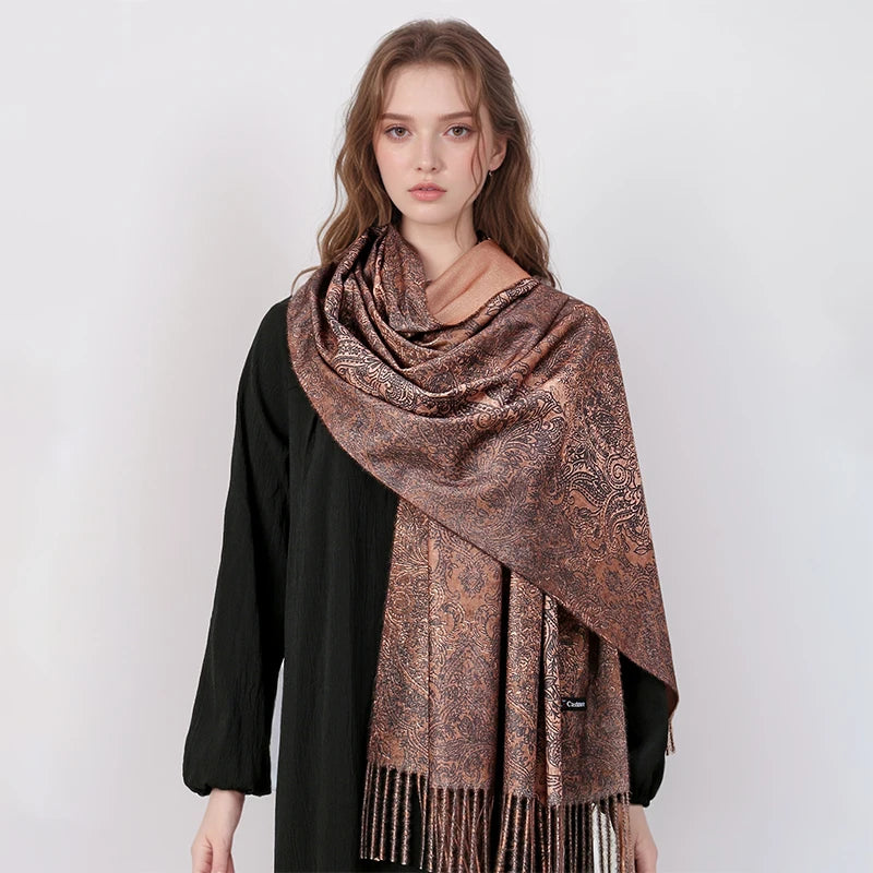 Luxury Paisley Pashmina Embroidery — Cashmere Reversible Drape Floral Designer Shawl Wrap — view 9 of scarves & wraps