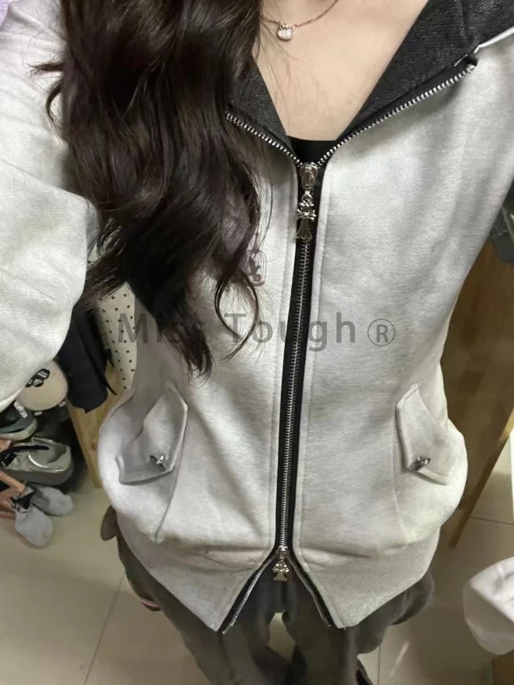 Autumn Design Y2k Long Sleeve Zipper Coat Women High Street Chic Slim Grey Hooded Hoodie Winter Casual Natural Solid Hoodie New