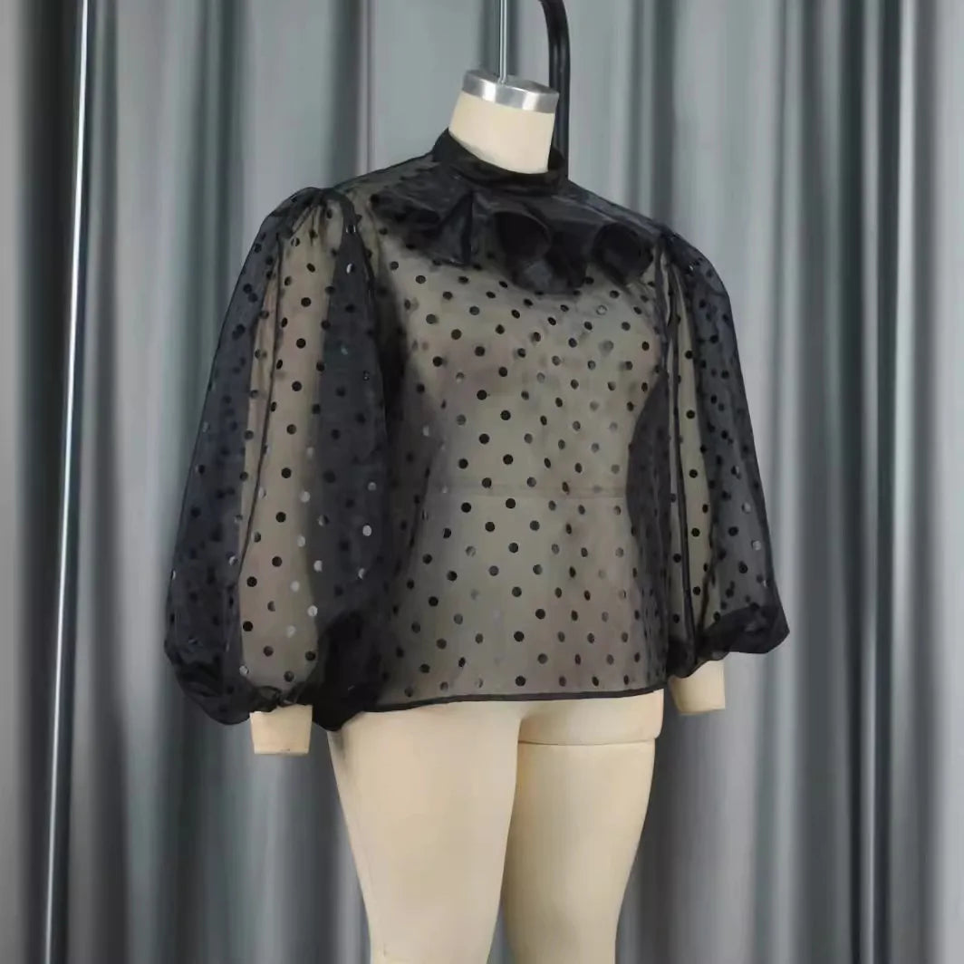 Women’s Polka Dot Mesh Hoodie – Sexy Stand Collar Lantern Sleeve Top