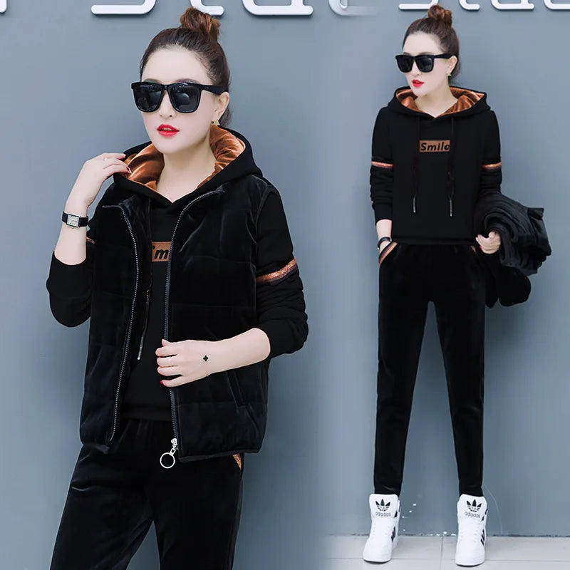 Winter Thick Velour Women Sport Suit Warm Hoodie Sweatshirt+pant+jacket Casual Jogger Running Outfit Set Sportswear Tracksuit