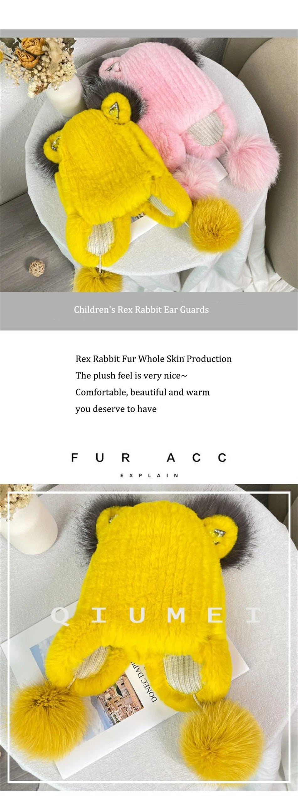 Winter Children Hat Real Rabbit Fur Hats Hat With Earflaps Bonnet Infant Cap Kids Hats for Girls Boys Ears Neck Warmer Fur Hat