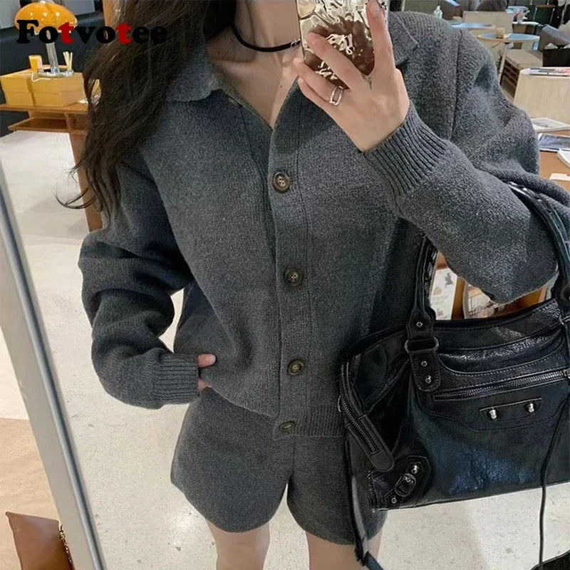 FOTVOTEE Fashion Knitted Suits for Women Lapel Single Breasted Cardigan High Waist Shorts Fall Winter New Elegant 2 Piece Sets