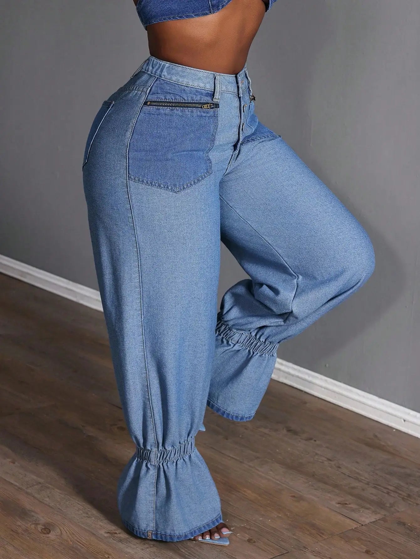 Plus-Size Ruffle-Hem Denim Jeans — Zipper Pocket Loose Casual Fit — variant view 6