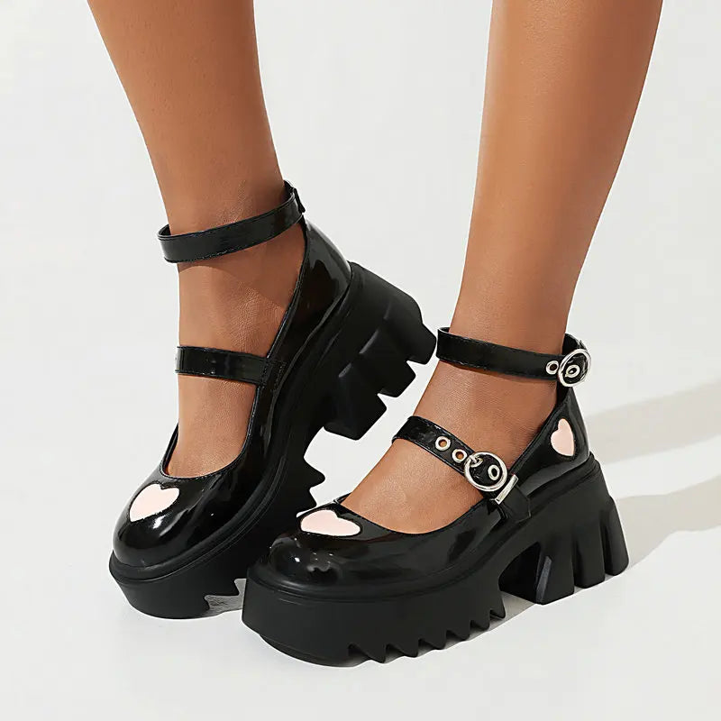 Princess Lolita Platform Mary Jane Girls Party Shoes Ankle Strap Sweet Metal Buckle Thick Sole Wedge Black Women Heel Pumps