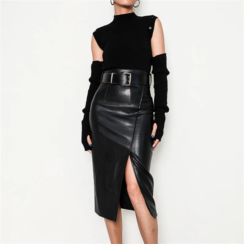 Black Real Sheepskin Skirt Elegant Office Ladies Sexy High Waist Split Bodycon Skirts Fashion Genuine Leather Over Knee Skirts