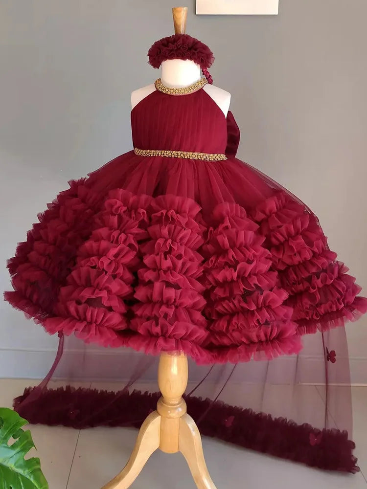 2024 Summer Girls Sweet Fluffy Dress Performance Dress Wine Red Flower Girl Princess Dress Walk Show Formal Big Butterfly Christ