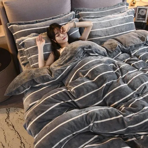 Coral Fleece Four-Piece Set Winter Thicken Thermal Double-Sided Flannel Bed Sheet Leopard Quilt Cover Milk Fiber Bedding