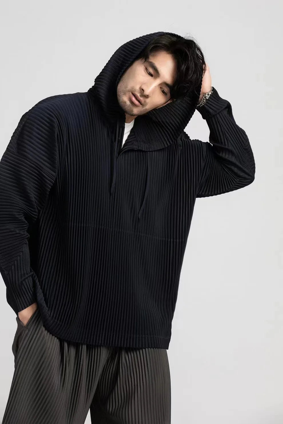 Miyake Pleated Hoodies For Men Black Hoodie Solid Color Coat Breathable Loose Drawstring Casual Top