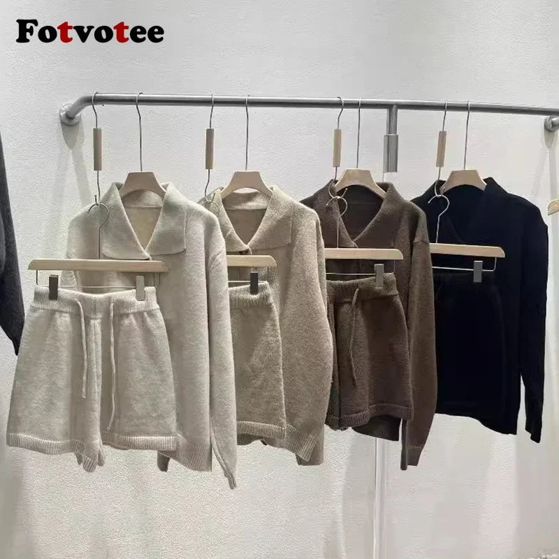 FOTVOTEE Fashion Knitted Suits for Women Lapel Single Breasted Cardigan High Waist Shorts Fall Winter New Elegant 2 Piece Sets