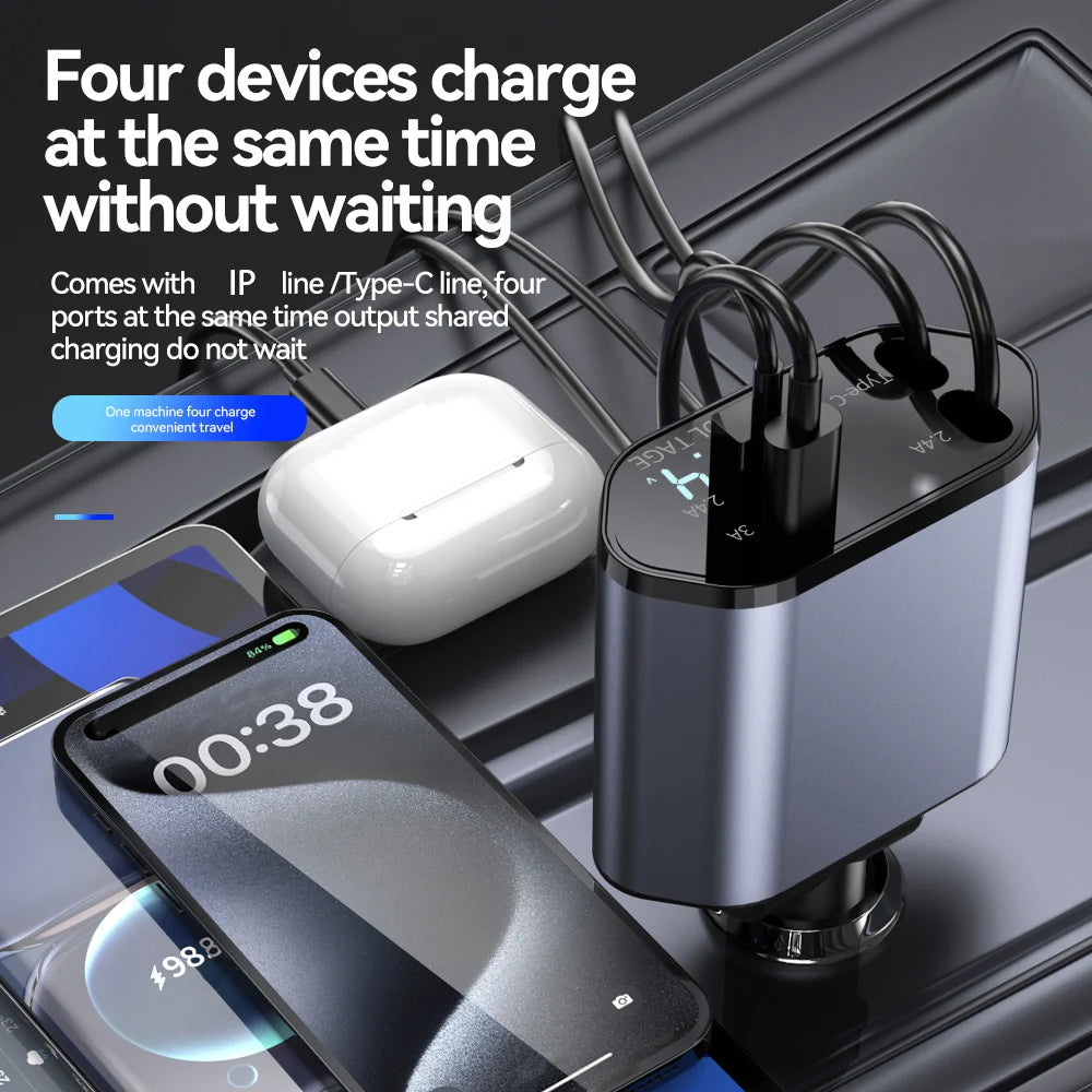 4-in-1 120W Retractable Car Charger — USB-C + Lightning + Type-C Cigarette Adapter — view 3 of chargers & cables