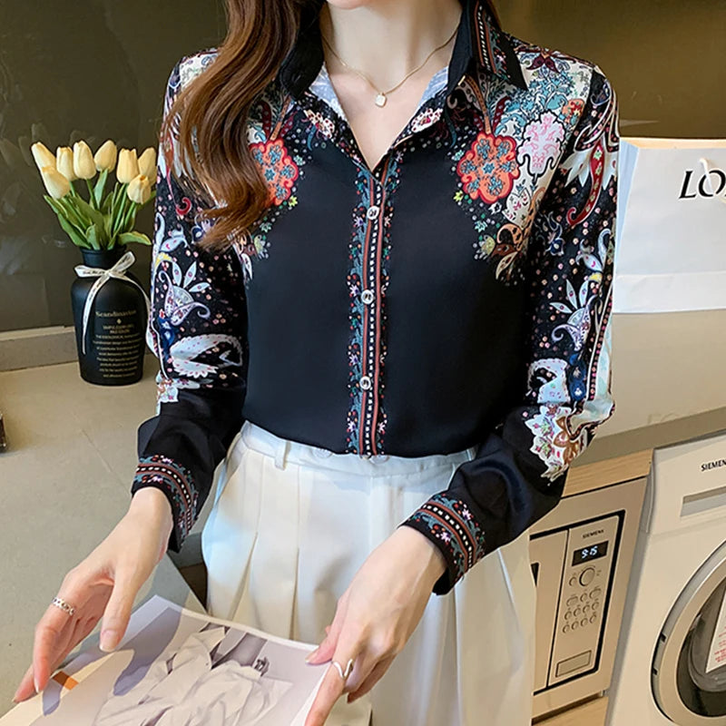 Fashion flower print shirts for ladies New elegant Women's Blouses 2024 Spring Summer Long Sleeve Button-Down Tops blusa mujer