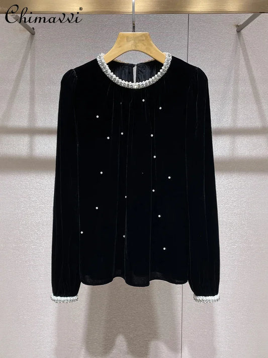 French Elegant Heavy Industry Beaded Diamond Round Neck Long Sleeve Loose Black Velvet Temperament Shirt Top Women Autumn 2024