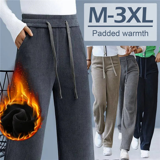 High Waist Corduroy Wide Leg Straight Pants Women Oversized Warm Plush Velvet Lined