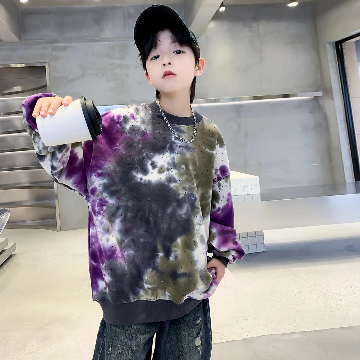 New 2024 Kids Camouflage Tie-Dye Sweatshirt For Boy Korean Style Autumn Clothing Fashion Kids Long-Sleeve Tops For Teenage 5-14T